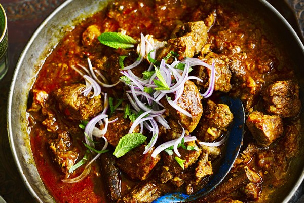 Fall-apart vindaloo with red onion mint chutney