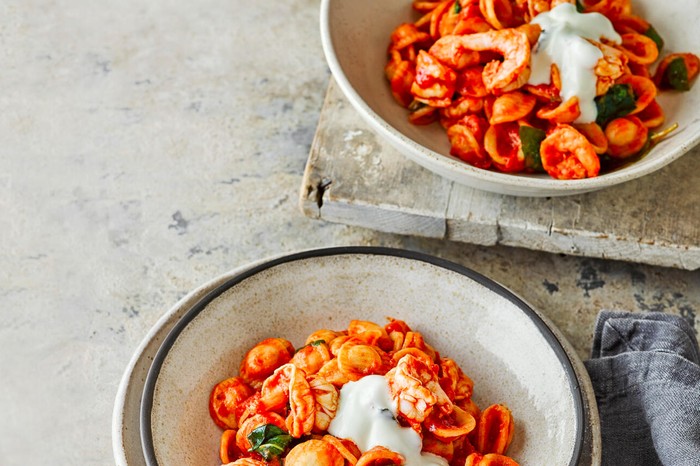 Prawn, basil and harissa pasta