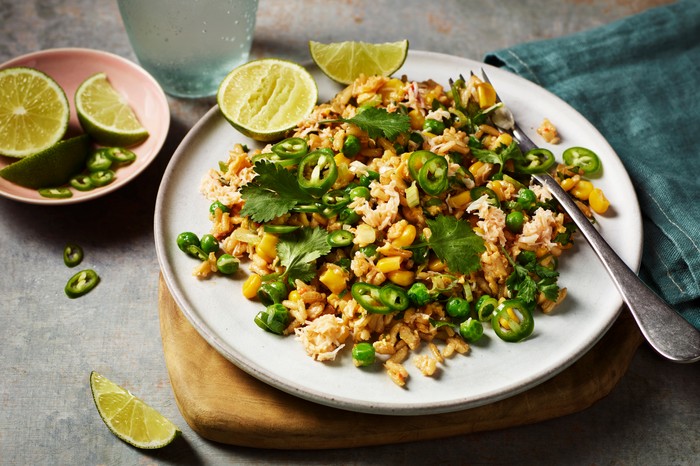 Healthy Egg Fried Rice on a White Plate